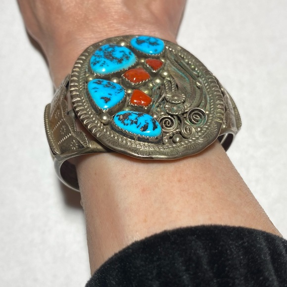 Vintage Native American Turquoise Coral Sterling Silver Cuff Bracelet - Picture 13 of 16